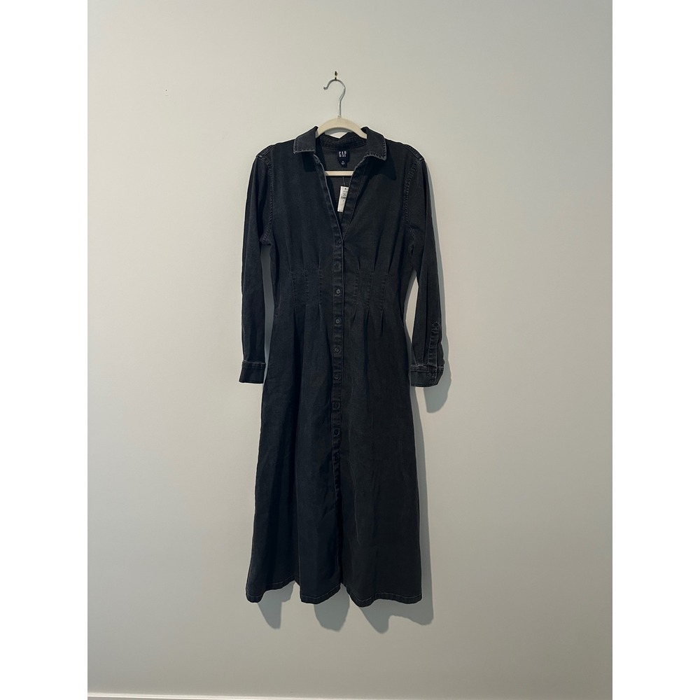 Gap Black Denim Midi Dress Long Sleeve Button Front Pleated Waist Small NEW